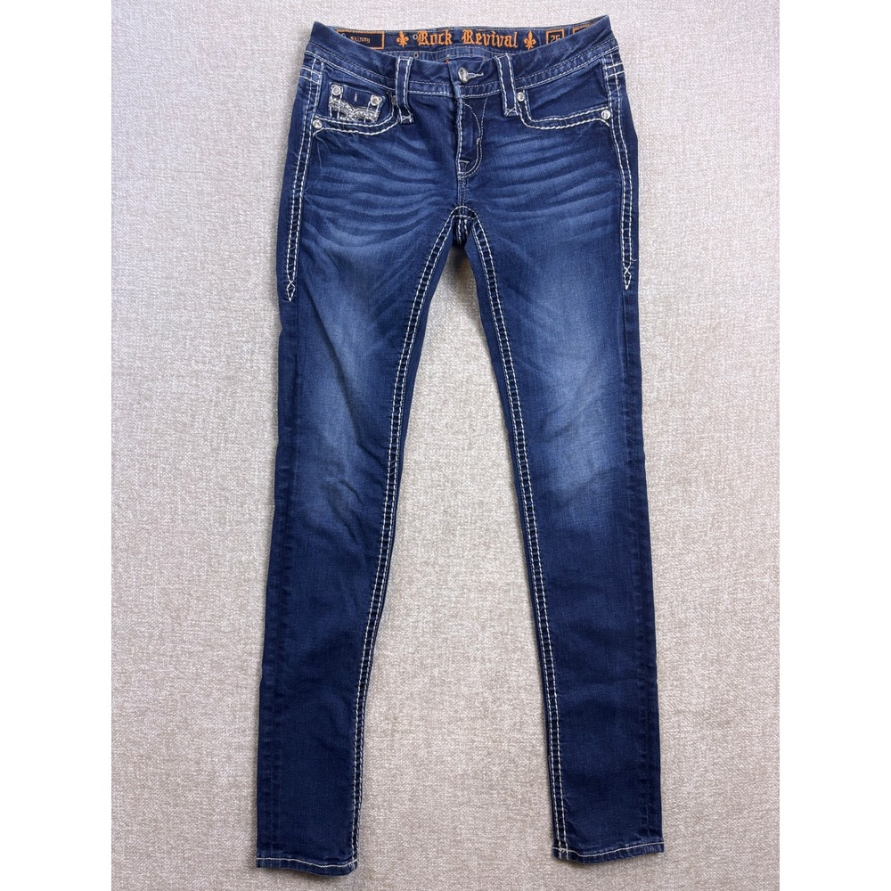 Rock Revival Sherry S20 Skinny Jeans Women 26 Dark Wash Rhinestone Fleur De Lis